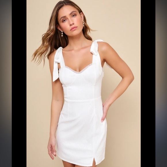 Lulus glowing white sequin bustier tie strap mini dress - Picture 2 of 13
